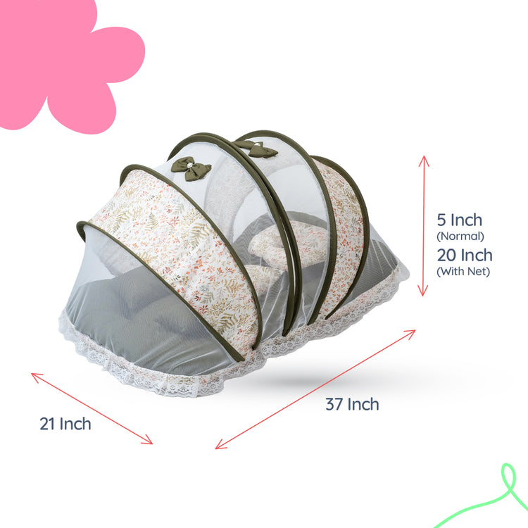 Adorables Hospital Bed | Olive Green & Off White | Leaf Print, Bow Work with Lace Design | Cotton with Recron Filling