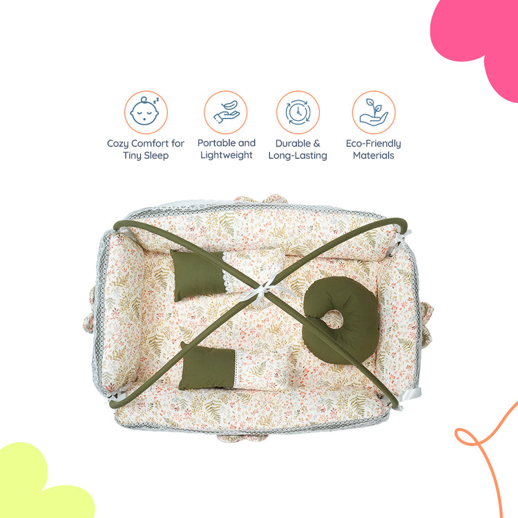 Adorables Square Bed | Olive Green & Off White | Leaf Print, Hanging Pillow, Lace Design | Cotton & Recron