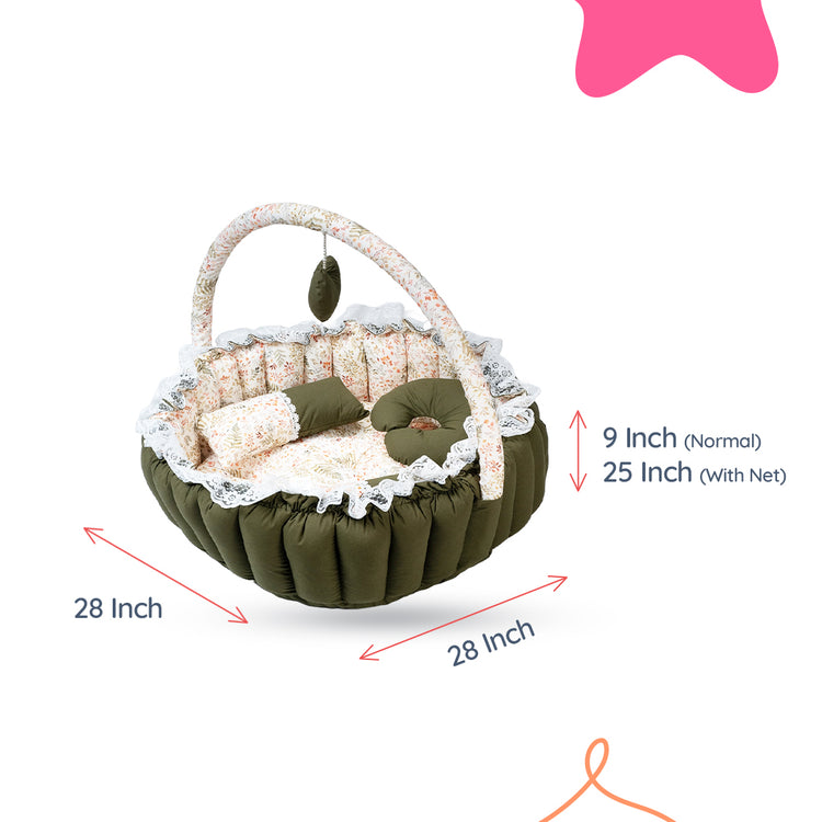 Adorables Round Bed | Olive Green & Off White | Leaf Print, Hanging Pillow, Lace Design | Cotton & Recron