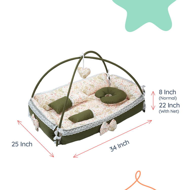 Adorables Square Bed | Olive Green & Off White | Leaf Print, Hanging Pillow, Lace Design | Cotton & Recron