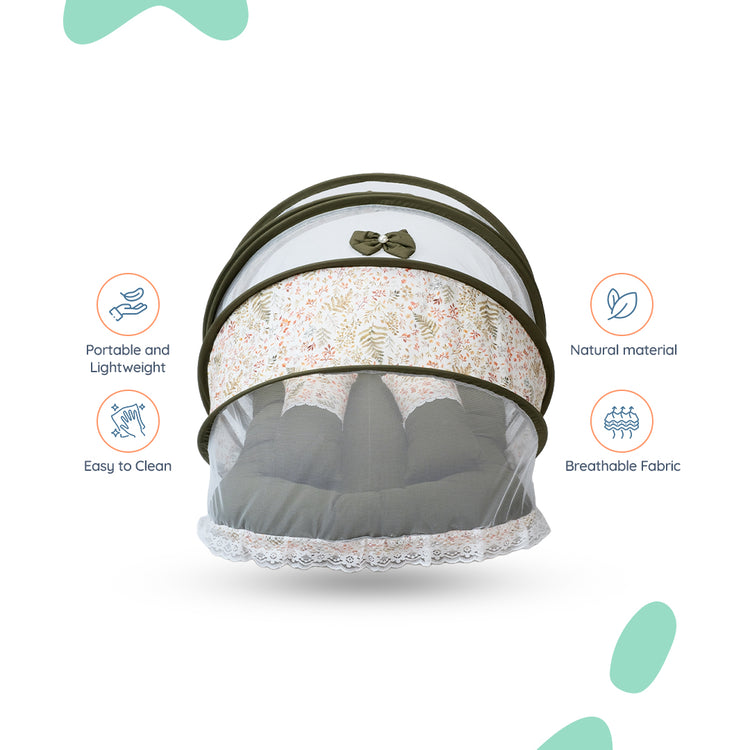Adorables Hospital Bed | Olive Green & Off White | Leaf Print, Bow Work with Lace Design | Cotton with Recron Filling