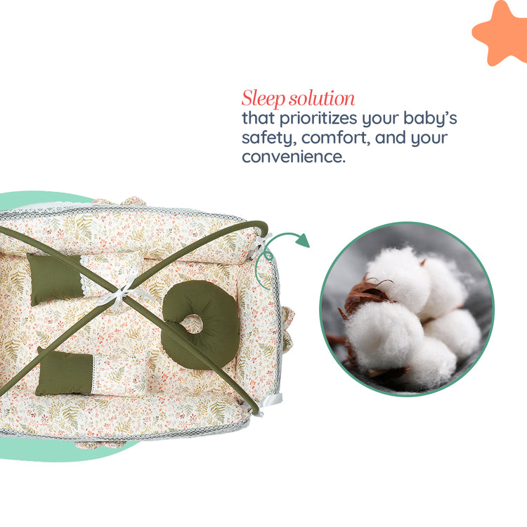 Adorables Square Bed | Olive Green & Off White | Leaf Print, Hanging Pillow, Lace Design | Cotton & Recron