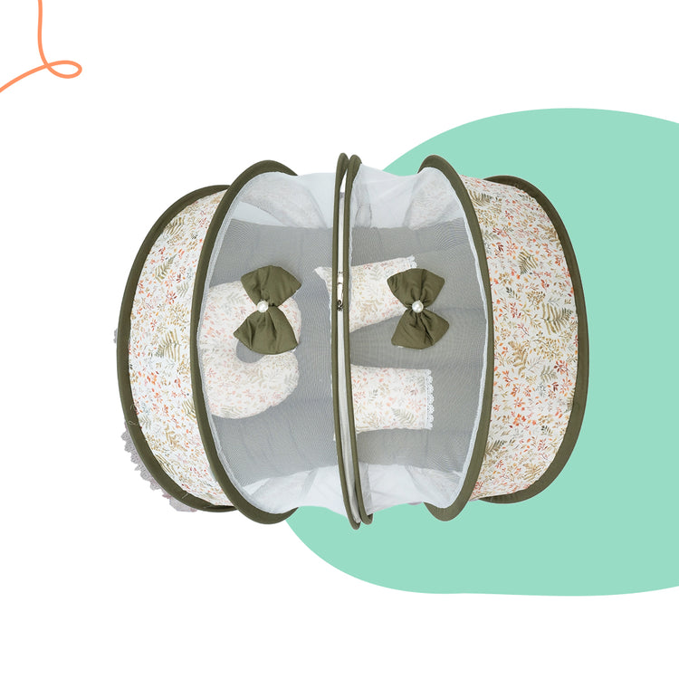 Adorables Hospital Bed | Olive Green & Off White | Leaf Print, Bow Work with Lace Design | Cotton with Recron Filling