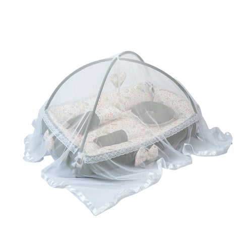 Adorables Square Bed | Olive Green & Off White | Leaf Print, Hanging Pillow, Lace Design | Cotton & Recron