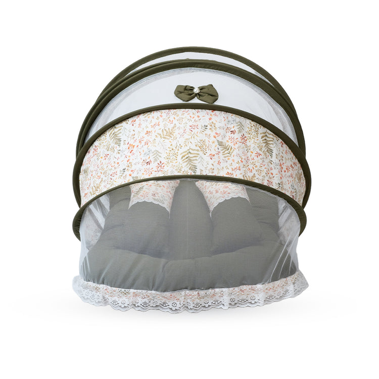 Adorables Baby Hospital Bedding Combo Set 3 in 1 | Olive Green & Off White | Leaf Print, Bow & Lace Work | Cotton & Recron | Hospital Bed, Baby Holder & Basket (Large)