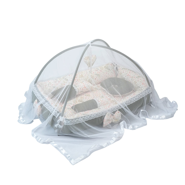Adorables Baby Square Bedding Combo Set 3 in 1 | Olive Green & Off White | Leaf Print, Bow Work & Lace Design | Cotton & Recron | With Square Bed, Basket (L) & Baby Holder