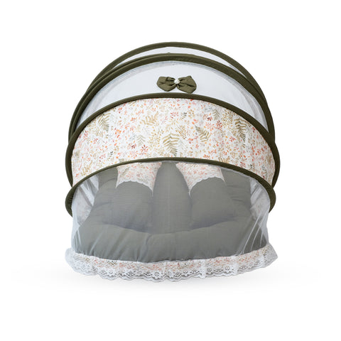 Adorables Hospital Bed | Olive Green & Off White | Leaf Print, Bow Work with Lace Design | Cotton with Recron Filling