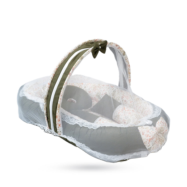 Adorables Baby Nest Bedding Combo Set 3 in 1 | Olive Green & Off White | Leaf Print, Bow & Lace Work | Cotton & Recron | With Nest Bed, Basket (L) & Sleeping Bag