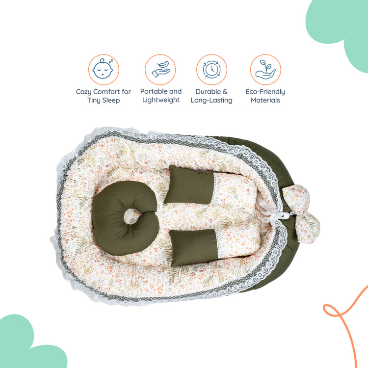 Adorables Baby Nest | Olive Green & Off White | Leaf Print | Cotton & Recron | With Removable Net & Pillows
