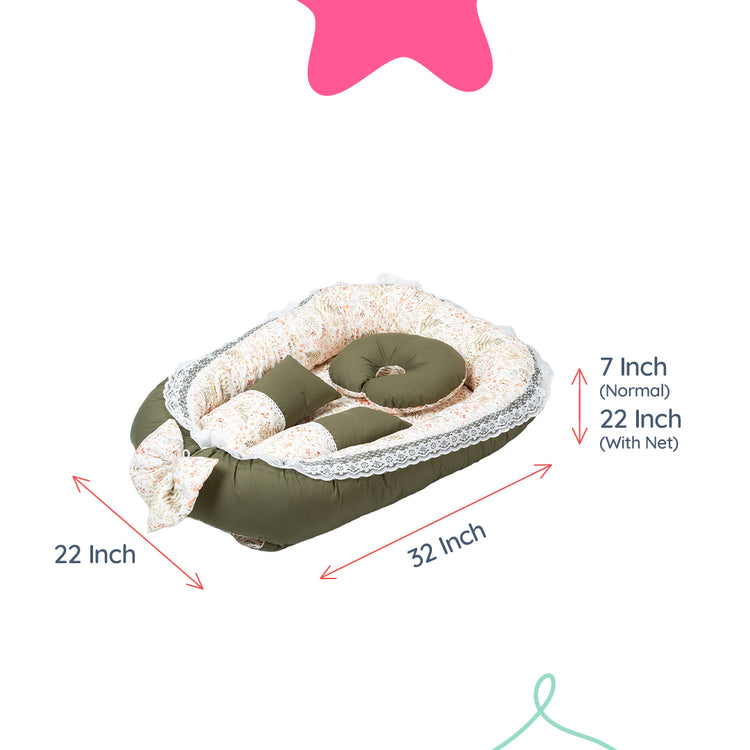 Adorables Baby Nest | Olive Green & Off White | Leaf Print | Cotton & Recron | With Removable Net & Pillows