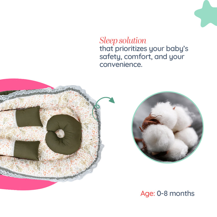 Adorables Baby Nest | Olive Green & Off White | Leaf Print | Cotton & Recron | With Removable Net & Pillows