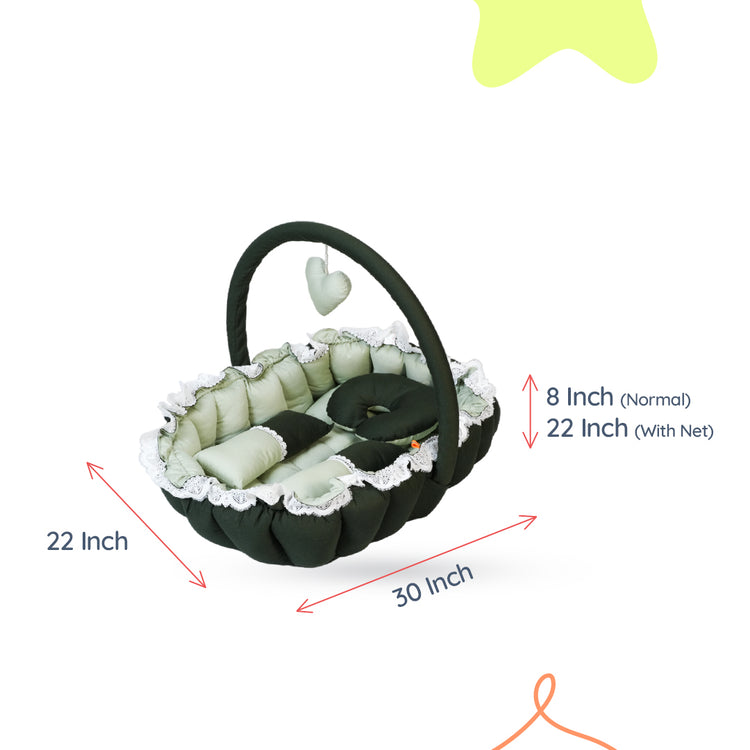 Adorables Oval Bed | Light Green & Dark Green | Hanging Pillow, Lace Design, Removable Net
