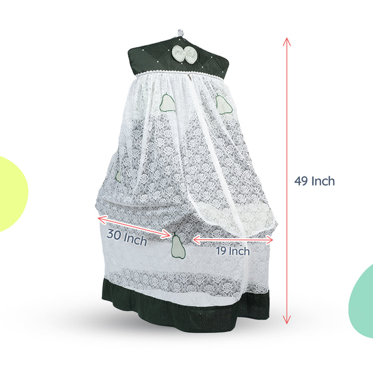 Adorables Bed Cradle | Light Green & Dark Green | Cotton with Recron Filling | Bow and Pearls Work | Includes Net and Star Hangings