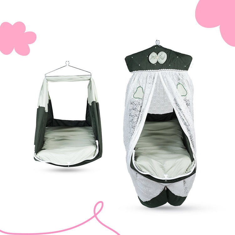 Adorables Bed Cradle | Light Green & Dark Green | Cotton with Recron Filling | Bow and Pearls Work | Includes Net and Star Hangings