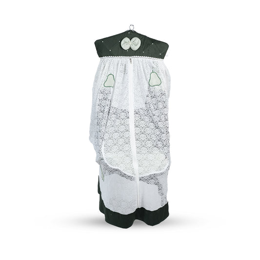 Adorables Bed Cradle | Light Green & Dark Green | Cotton with Recron Filling | Bow and Pearls Work | Includes Net and Star Hangings