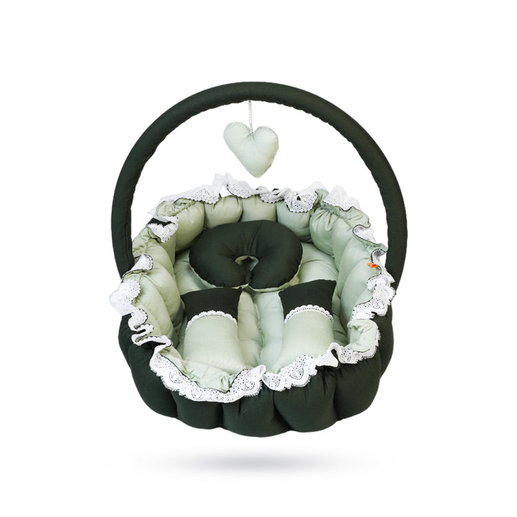 Adorables Baby Oval Bedding Combo Set 3 in 1 | Light Green & Dark Green | Lace & Pearl Detailing | Cotton and Recron | With Oval Bed, Basket (Large) and Sleeping Bag