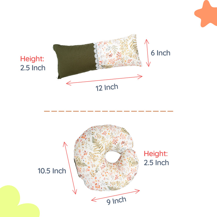 Adorables Pillow Set – Olive Green & Off White | Leaf Print with Lace Design, Side & Neck Pillows (Copy)