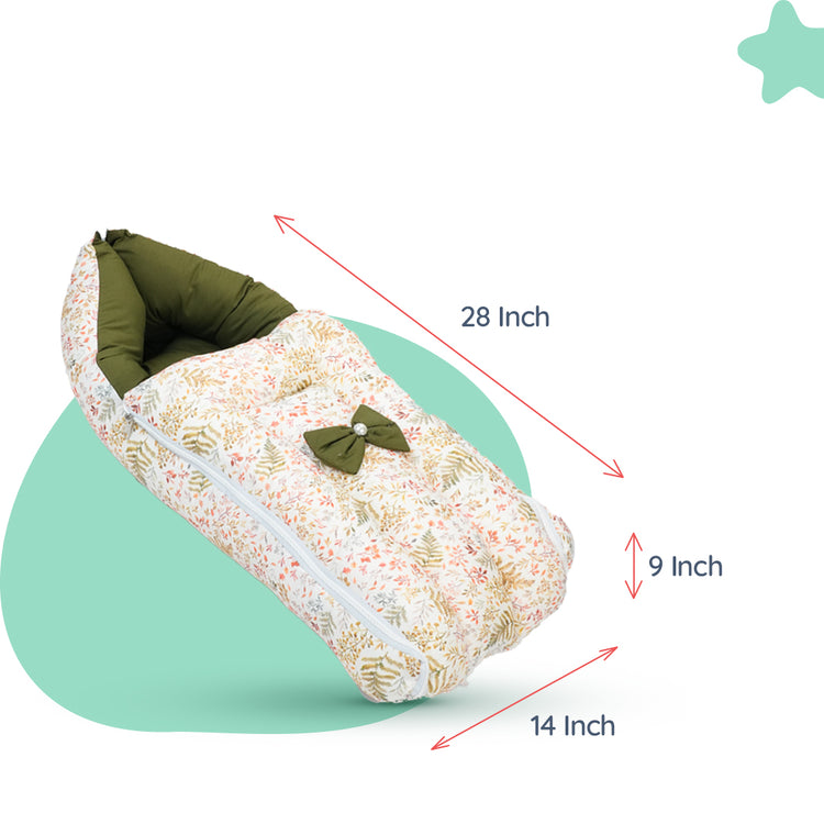 Adorables Baby Holder | Olive Green & Off White | Leaf Print & Bow Work | Cotton & Recron