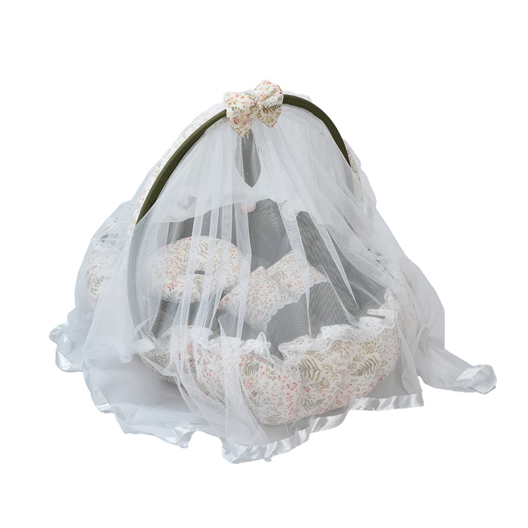 Adorables Oval Bed | Olive Green & Off White | Leaf Print, Hanging Pillow, Lace Design, Removable Net