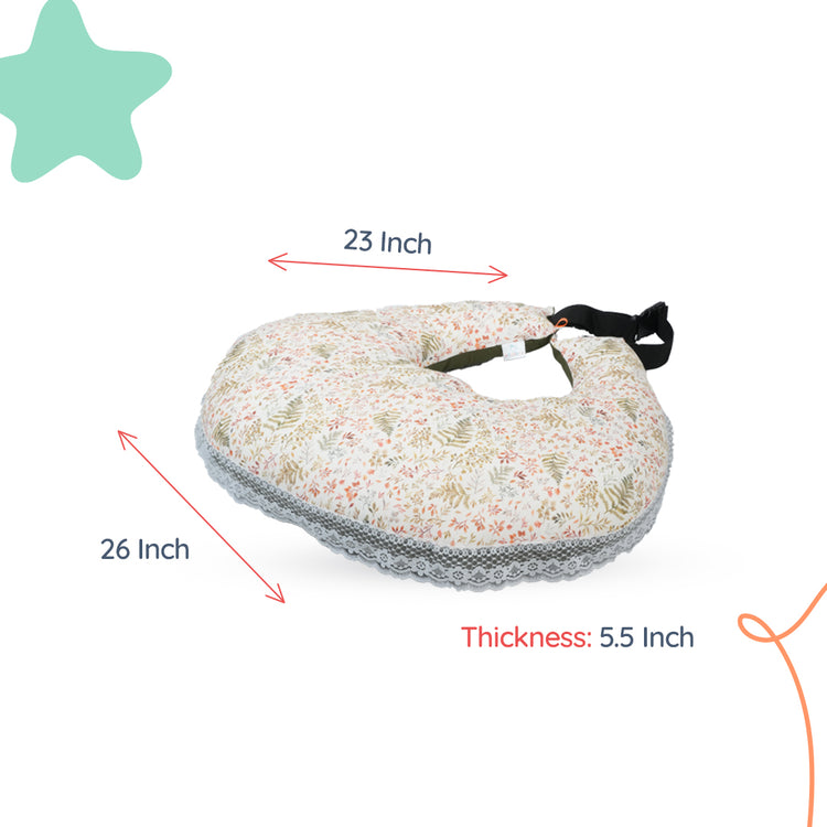 Adorables Feeding Pillow | Olive Green & Off White | Leaf Print with Lace Design | Cotton with Recron Filling