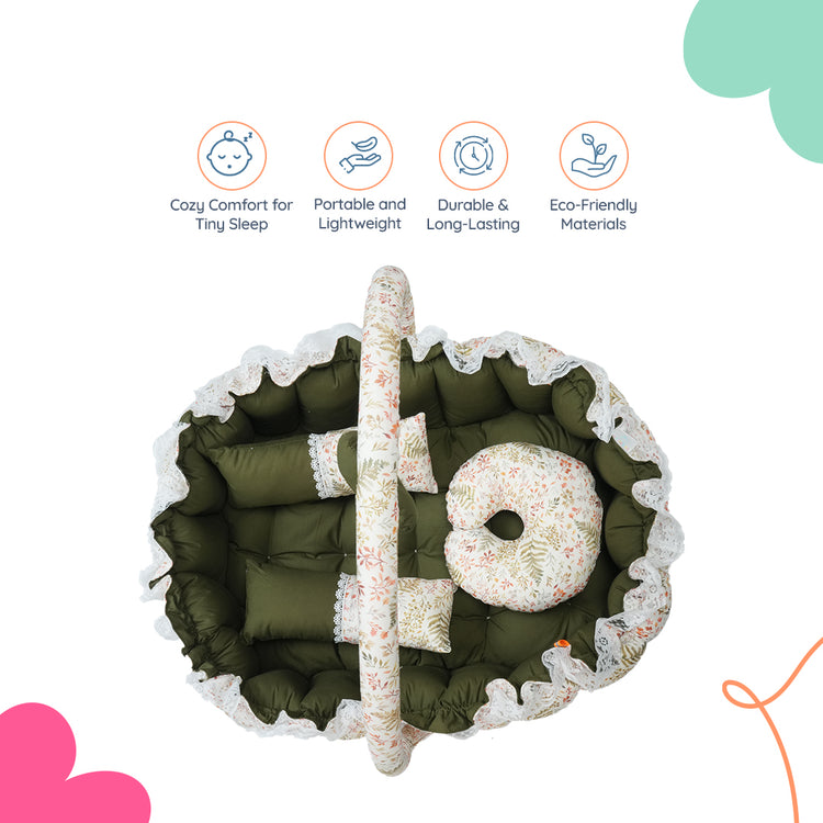 Adorables Oval Bed | Olive Green & Off White | Leaf Print, Hanging Pillow, Lace Design, Removable Net