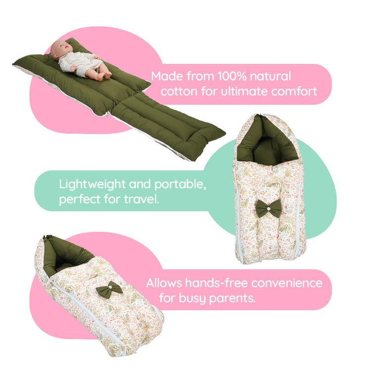 Adorables Baby Holder | Olive Green & Off White | Leaf Print & Bow Work | Cotton & Recron
