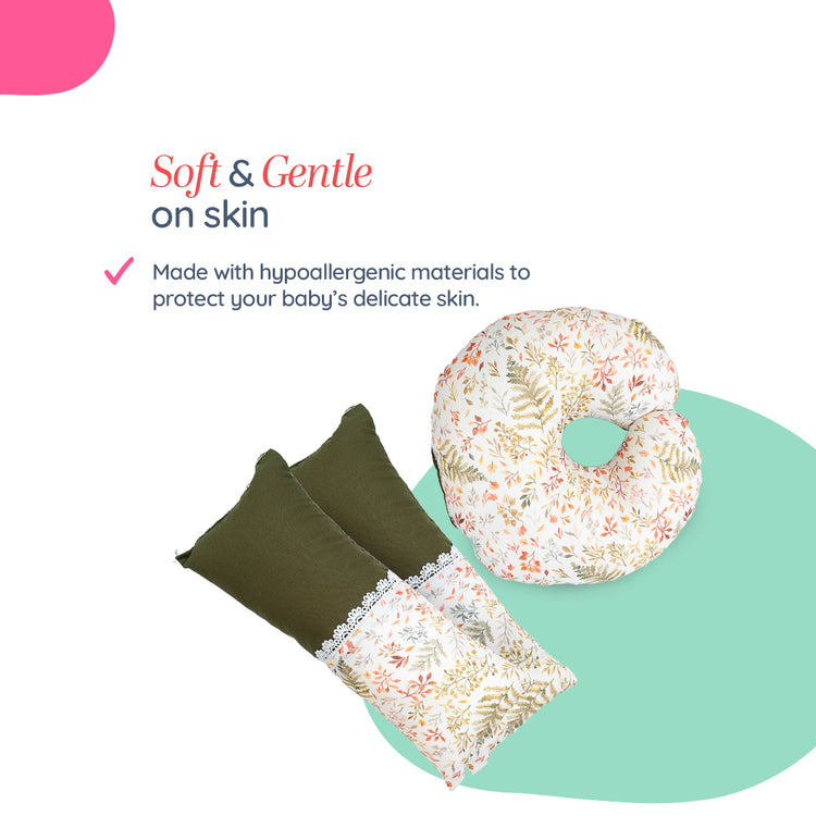 Adorables Pillow Set – Olive Green & Off White | Leaf Print with Lace Design, Side & Neck Pillows (Copy)