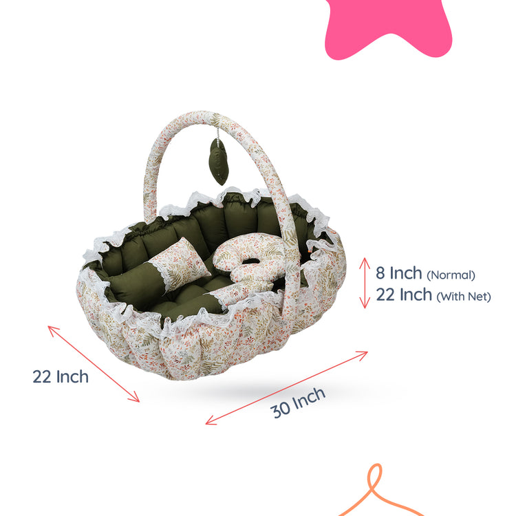 Adorables Oval Bed | Olive Green & Off White | Leaf Print, Hanging Pillow, Lace Design, Removable Net