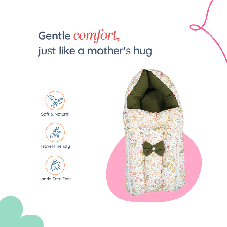 Adorables Baby Nest Bedding Combo Set 3 in 1 | Olive Green & Off White | Leaf Print, Bow & Lace Work | Cotton & Recron | With Nest Bed, Basket (L) & Sleeping Bag