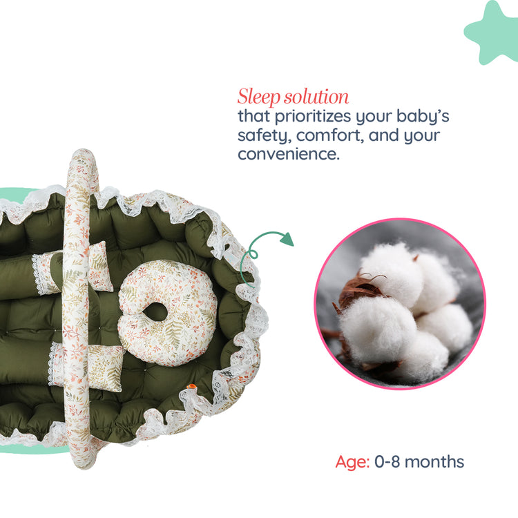 Adorables Oval Bed | Olive Green & Off White | Leaf Print, Hanging Pillow, Lace Design, Removable Net