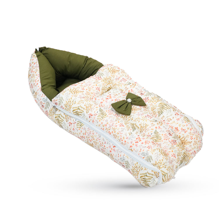 Adorables Baby Hospital Bedding Combo Set 3 in 1 | Olive Green & Off White | Leaf Print, Bow & Lace Work | Cotton & Recron | Hospital Bed, Baby Holder & Basket (Large)