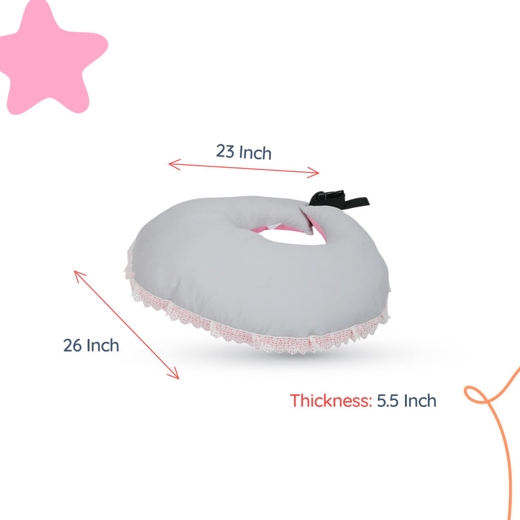 Adorables Baby Round Bedding Combo Set 4 in 1 | Grey & Pink | Lace, Bow & Pearl Design | Cotton & Recron | With Round Bed, Sleeping Bag, Basket (L) & Feeding Pillow