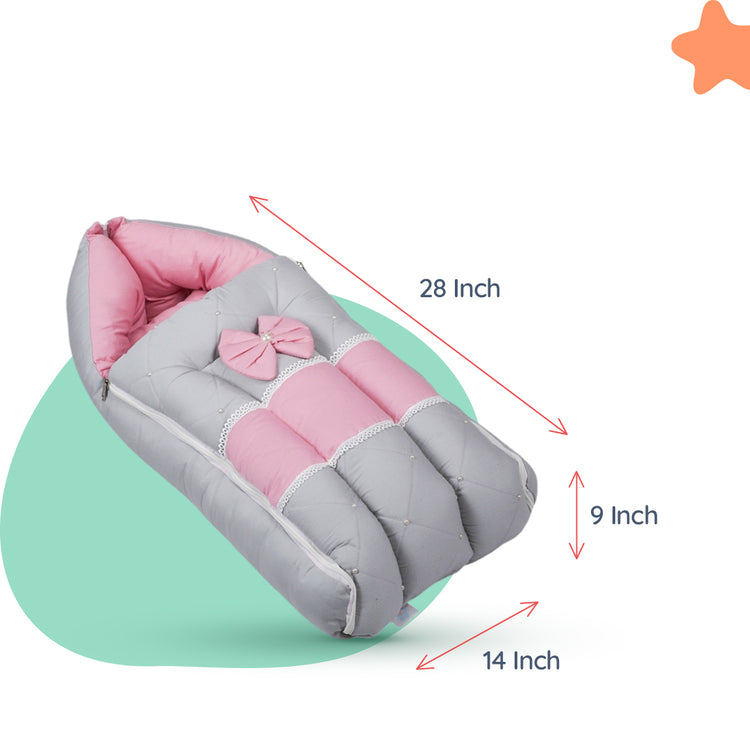 Adorables Baby Sleeping Bag | Grey & Pink | Bow Work, Pearls Work, Lace Design | Cotton & Recron