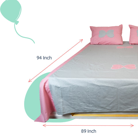 Adorables Bedsheet – Double | Grey & Pink | Butterfly Embroidery | Cotton