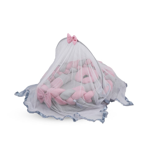 Adorables Braided Nest | Soft Cotton & Foam | Grey & Pink | Side Pillows, Neck Pillow, and Protective Net