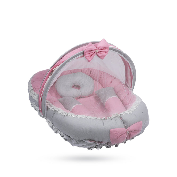 Adorables Baby Nest Bedding Combo Set 3 in 1| Grey & Pink | Bow, Lace & Pearl Work | Cotton & Recron | With Nest Bed, Basket (L) & Sleeping Bag