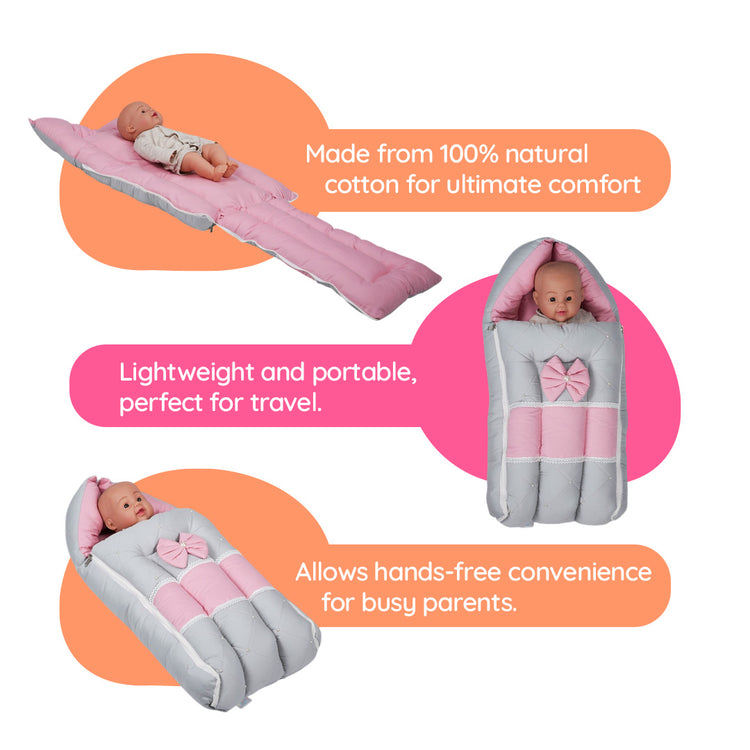 Adorables Baby Sleeping Bag | Grey & Pink | Bow Work, Pearls Work, Lace Design | Cotton & Recron