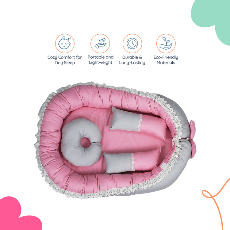 Adorables Baby Nest | Grey & Pink | Cotton & Recron | With Removable Net & Pillows