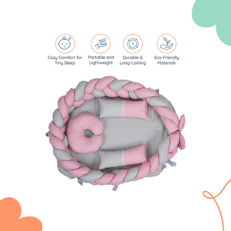 Adorables Braided Nest | Soft Cotton & Foam | Grey & Pink | Side Pillows, Neck Pillow, and Protective Net