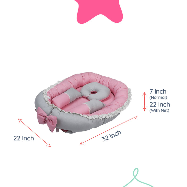 Adorables Baby Nest Bedding Combo Set 4 in 1 | Grey & Pink | Bow Work, Pearls & Lace Design | Cotton & Recron | Includes Baby Nest, Sleeping Bag, Basket (L) & Feeding Pillow.