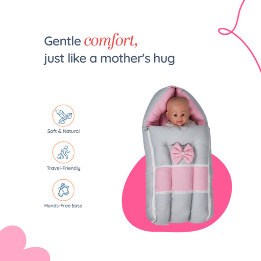 Adorables Baby Sleeping Bag | Grey & Pink | Bow Work, Pearls Work, Lace Design | Cotton & Recron