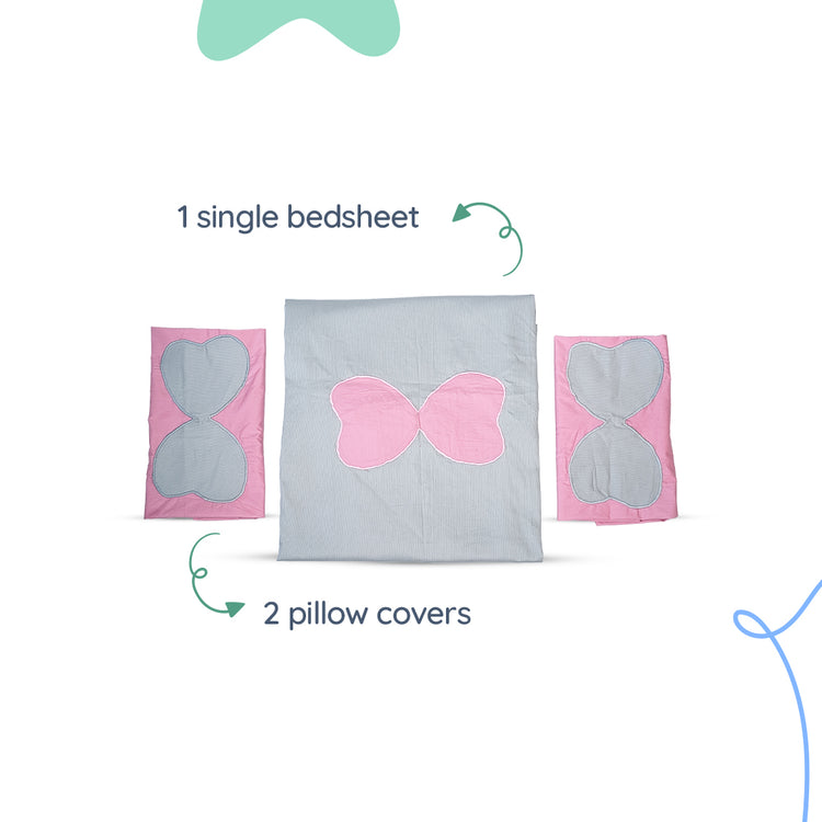 Adorables Bedsheet – Double | Grey & Pink | Butterfly Embroidery | Cotton