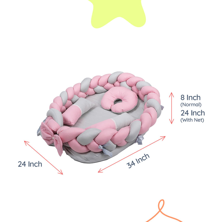 Adorables Braided Nest | Soft Cotton & Foam | Grey & Pink | Side Pillows, Neck Pillow, and Protective Net