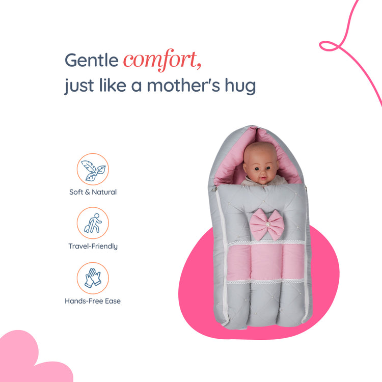 Adorables Baby Nest Bedding Combo Set 3 in 1| Grey & Pink | Bow, Lace & Pearl Work | Cotton & Recron | With Nest Bed, Basket (L) & Sleeping Bag