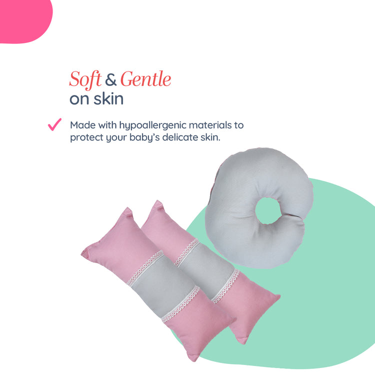 Adorables Pillow Set – Grey & Pink | Lace Design with Side & Neck Pillows
