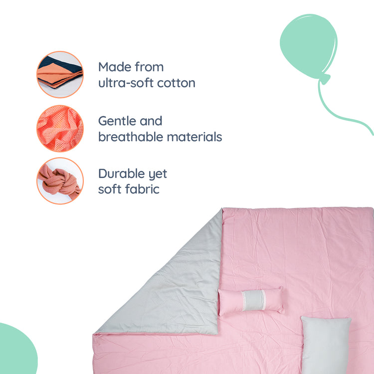 Adorables Quilt-L | Grey & Pink | Cotton & Recron Sheet | Includes Side & Neck Pillows
