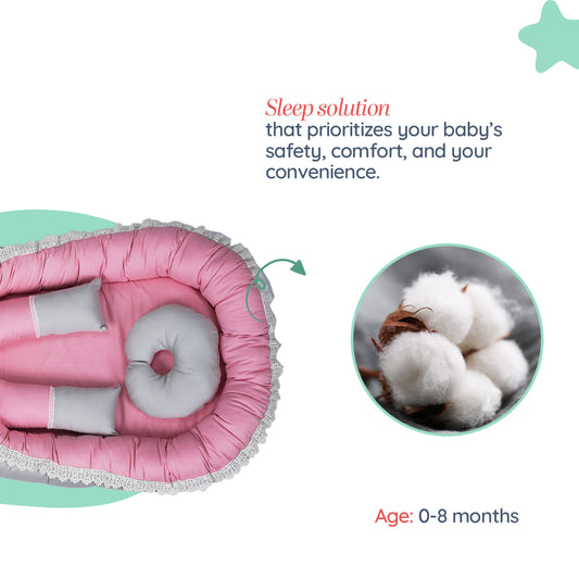 Adorables Baby Nest | Grey & Pink | Cotton & Recron | With Removable Net & Pillows
