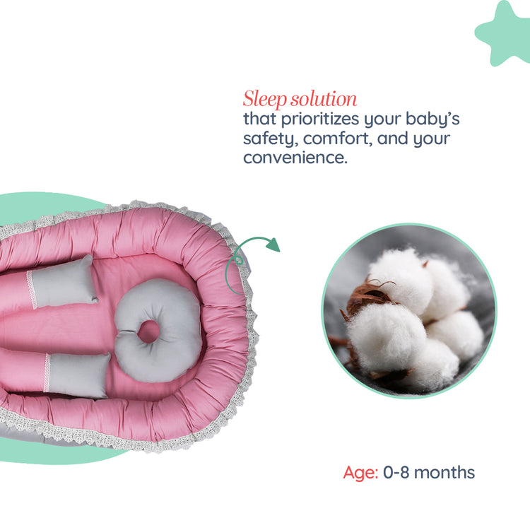 Adorables Baby Nest | Grey & Pink | Cotton & Recron | With Removable Net & Pillows