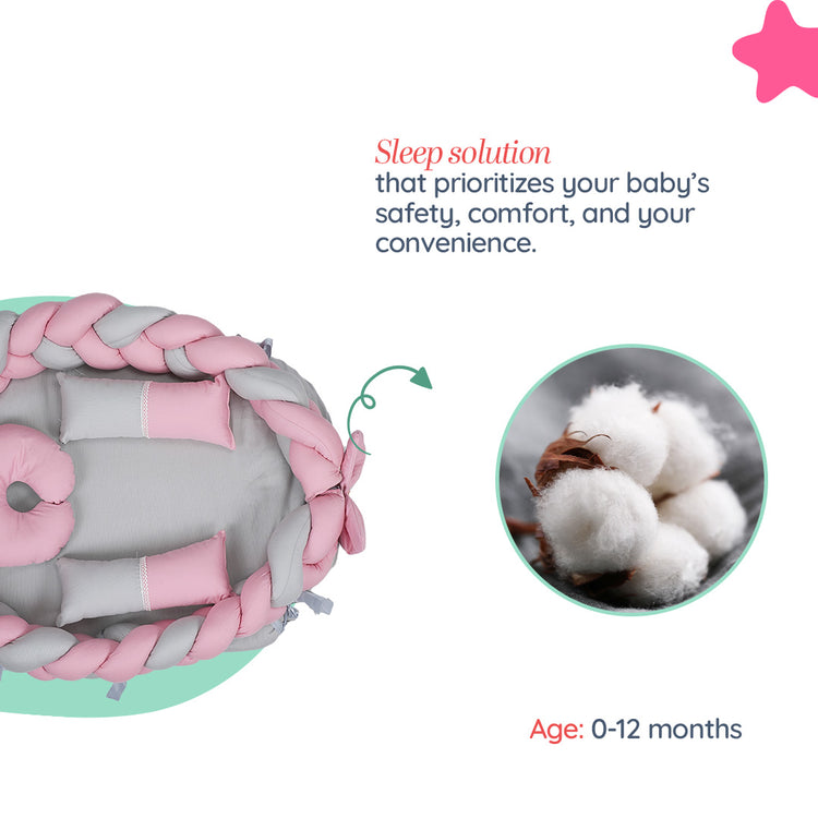 Adorables Braided Nest | Soft Cotton & Foam | Grey & Pink | Side Pillows, Neck Pillow, and Protective Net