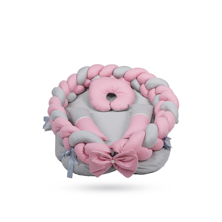 Adorables Baby Braided Bedding Combo Set 3 in 1 | Grey & Pink | Bow & Pearl Work, Lace Design | Cotton & Recron | With Braided Nest, Basket (L) & Sleeping Bag